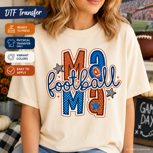 A woman wearing a cream-colored t-shirt with a 'MAMA football' graphic in blue and orange, with promotional badges on the left side of the image.