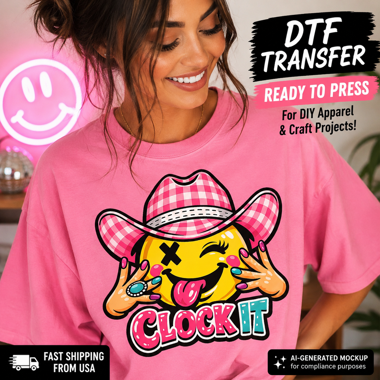 A woman wearing a bright pink t-shirt with a 'CLOCK IT' emoji graphic featuring a pink-and-white gingham cowboy hat. The image includes promotional text overlays for a 'DTF TRANSFER' product.