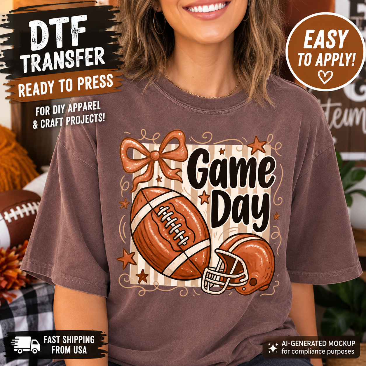 A woman wearing a brown graphic T-shirt with a football-themed 'Game Day' design, shown in a lifestyle mockup with promotional text overlays.