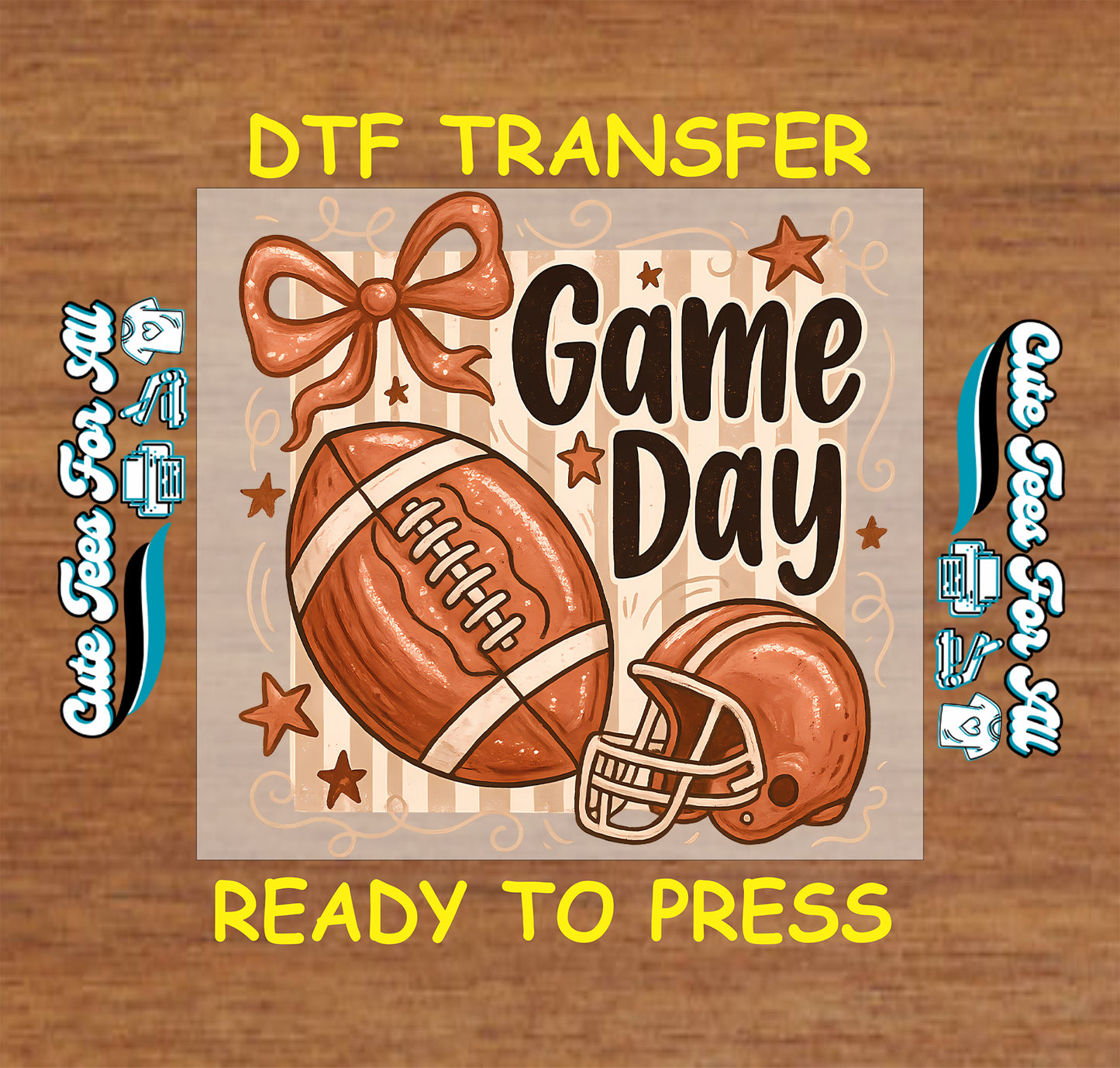 A digital preview of a football-themed transfer design on a wood background. The design features a brown football, helmet, and a large bow with the text 'Game Day' in dark brown, surrounded by small stars on a beige background.