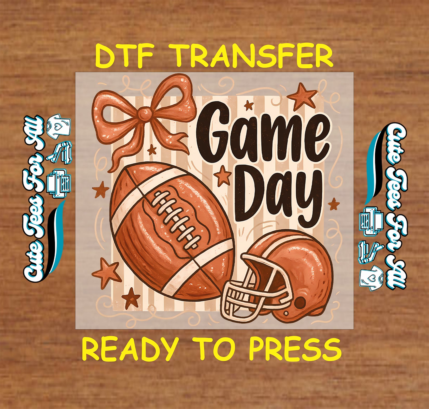 A digital preview of a football-themed transfer design on a wood background. The design features a brown football, helmet, and a large bow with the text 'Game Day' in dark brown, surrounded by small stars on a beige background.