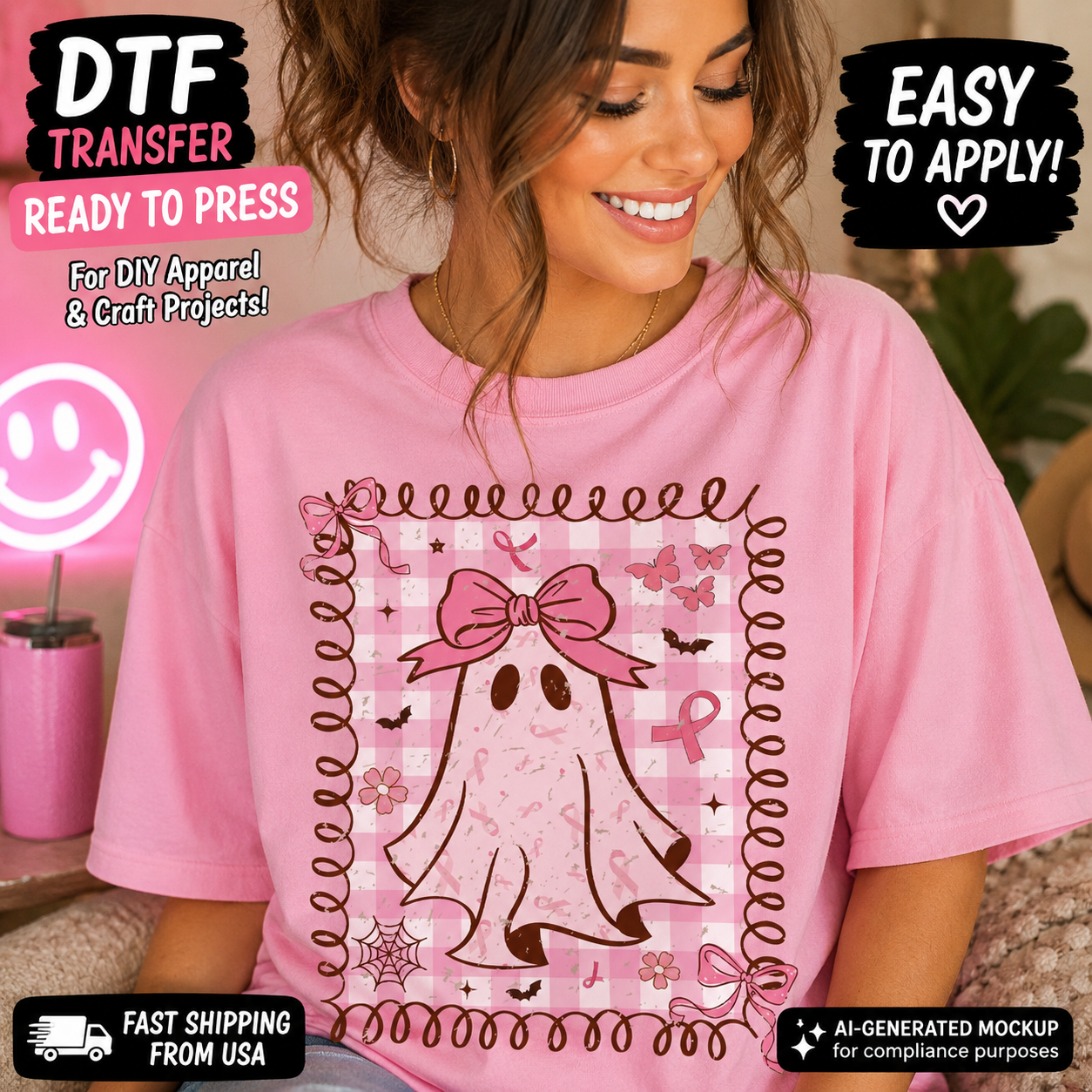 A woman wearing a pink graphic T-shirt with a ghost design, shown in a lifestyle mockup setting with promotional text overlays.