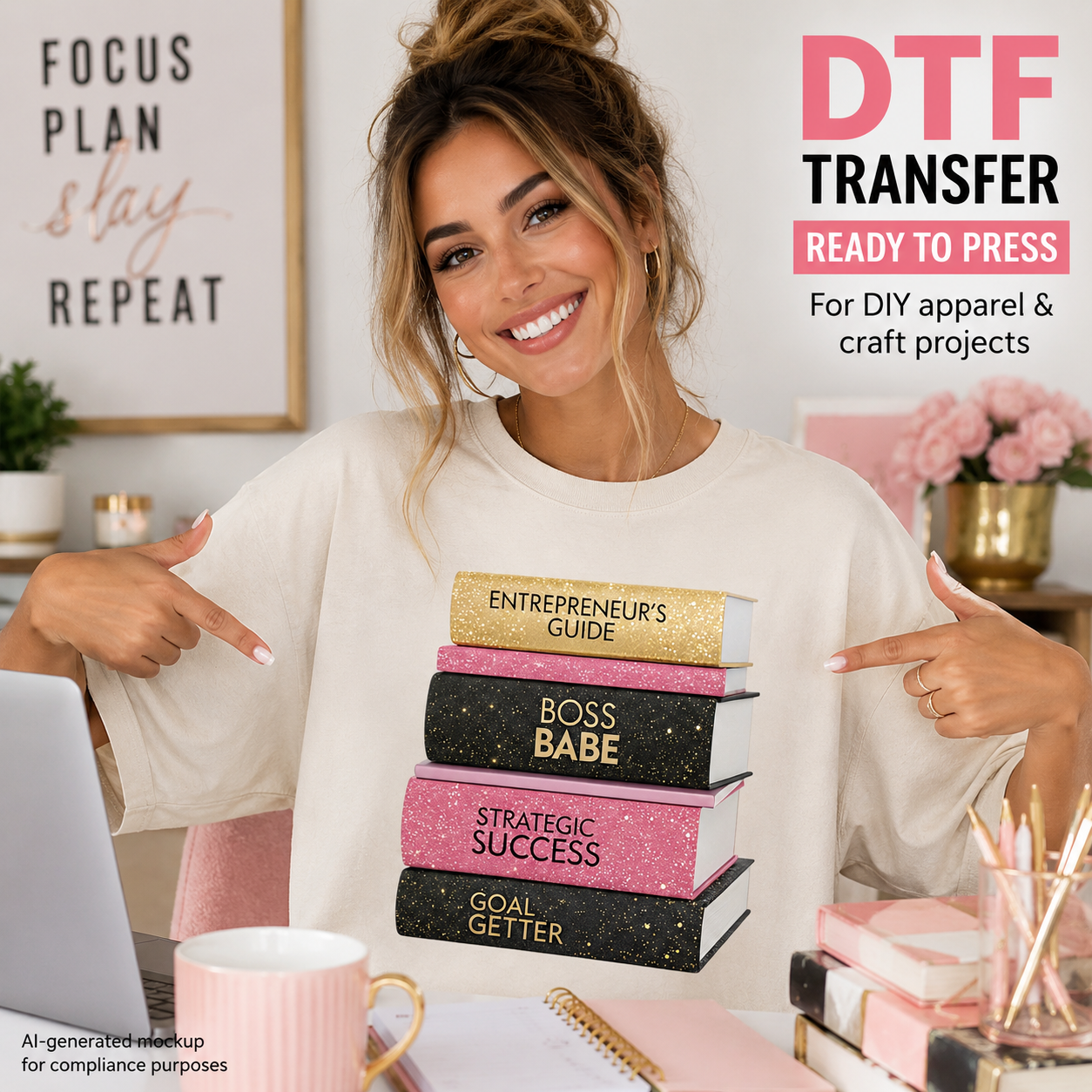 A smiling woman in a white sweatshirt points at a stack of four faux books printed with business-themed titles on the front. The scene is a styled indoor desk setup with a laptop, mug, flowers, and promotional text reading 'DTF TRANSFER READY TO PRESS For DIY apparel & craft projects.