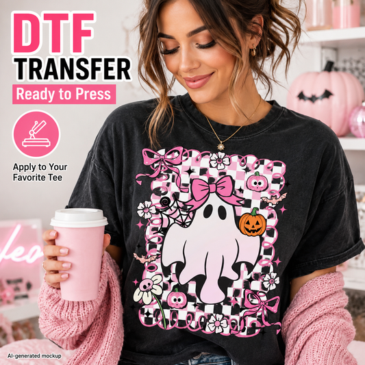 A woman wearing a black graphic t-shirt with a pink and white Halloween design, holding a pink coffee cup in a decorated room. Text overlays read 'DTF TRANSFER Ready to Press' and 'Apply to Your Favorite Tee'.