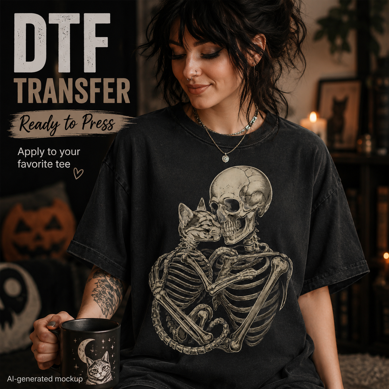 Woman wearing a gothic skeleton hugging a cat Halloween DTF transfer on a distressed black oversized shirt