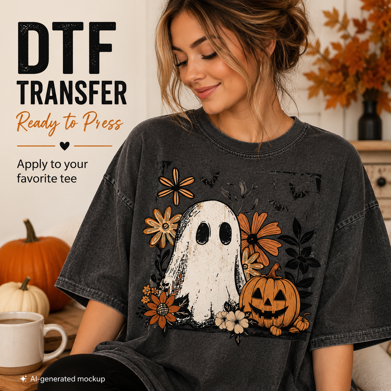 A woman wearing a dark charcoal gray graphic t-shirt featuring a distressed white ghost, orange pumpkins, and autumn flowers. The image includes promotional text on the left reading 'DTF TRANSFER Ready to Press Apply to your favorite tee' and a 'AI-generated mockup' label at the bottom.
