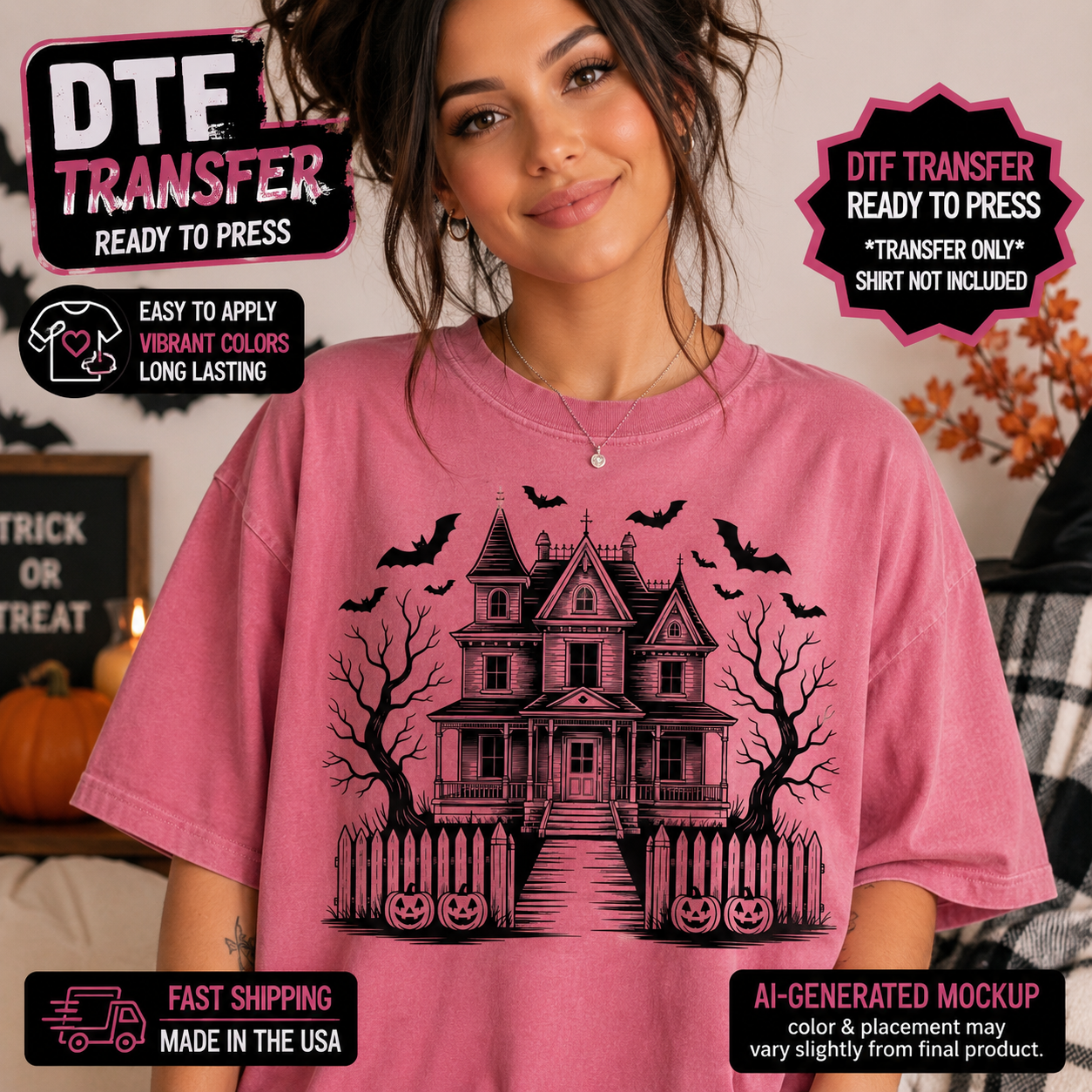 Woman wearing a pink haunted house Halloween DTF transfer on an oversized pink shirt