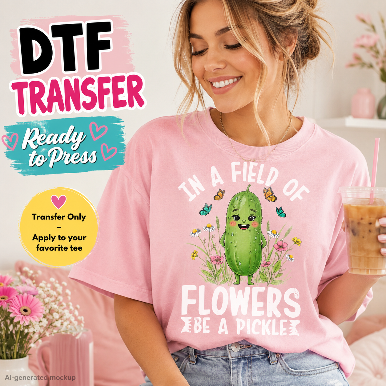 Woman wearing an In a Field of Flowers Be a Pickle DTF transfer on a pink oversized shirt