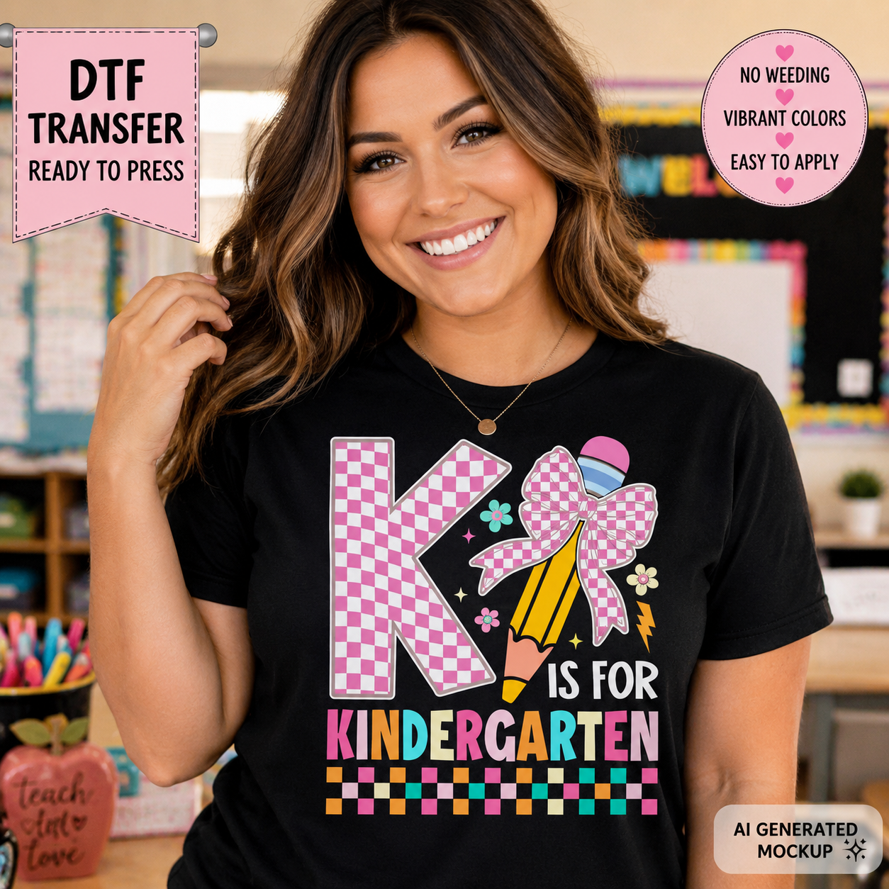 A smiling woman wearing a black graphic T-shirt with a colorful 'K is for Kindergarten' design, shown in a classroom-like setting. Promotional badges around the edges read 'DTF TRANSFER READY TO PRESS', 'NO WEEDING VIBRANT COLORS EASY TO APPLY', and 'AI GENERATED MOCKUP'.