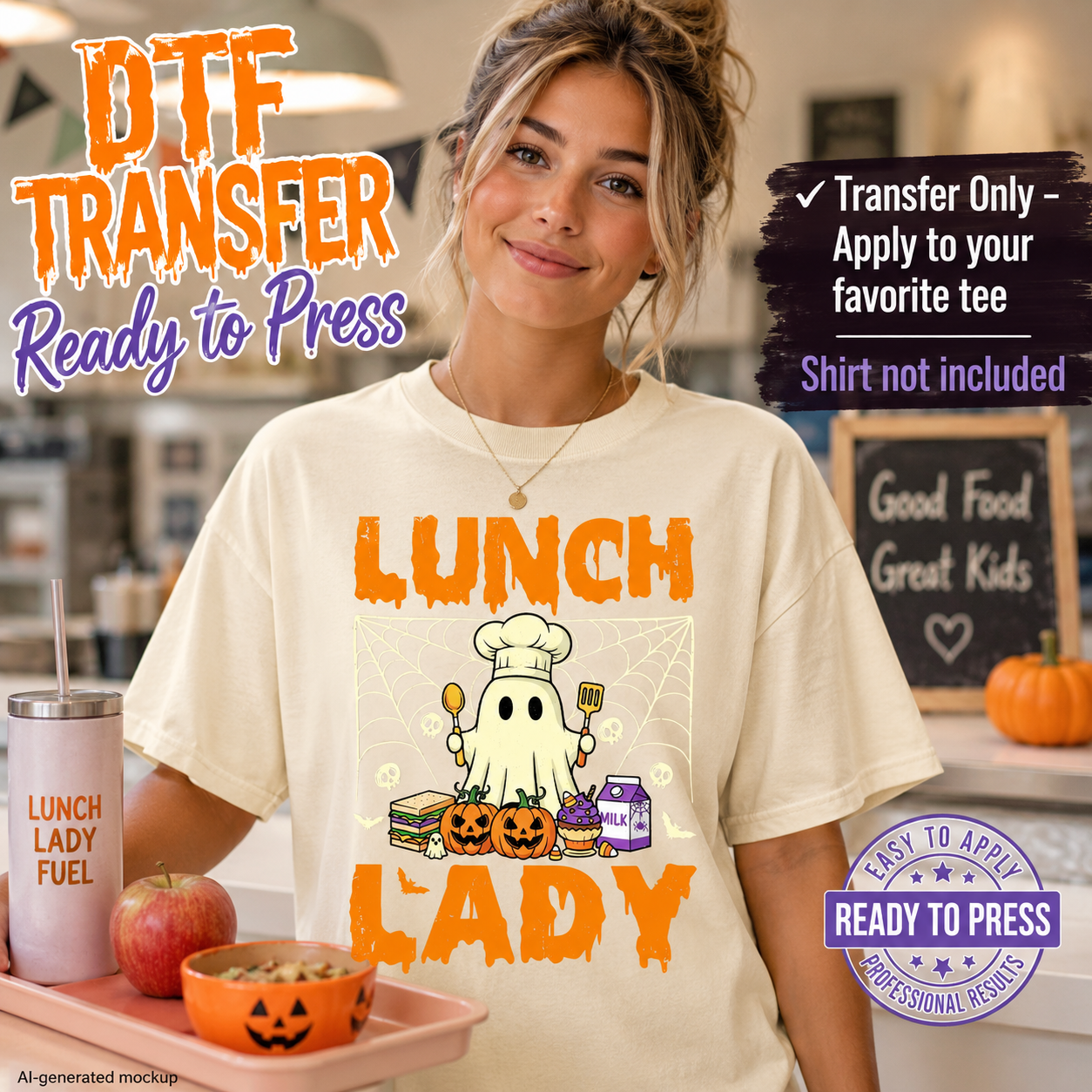 A woman wearing a cream-colored t-shirt with a Halloween-themed 'Lunch Lady' graphic, standing in a kitchen setting. The graphic features orange text, a cartoon ghost chef, and pumpkins.