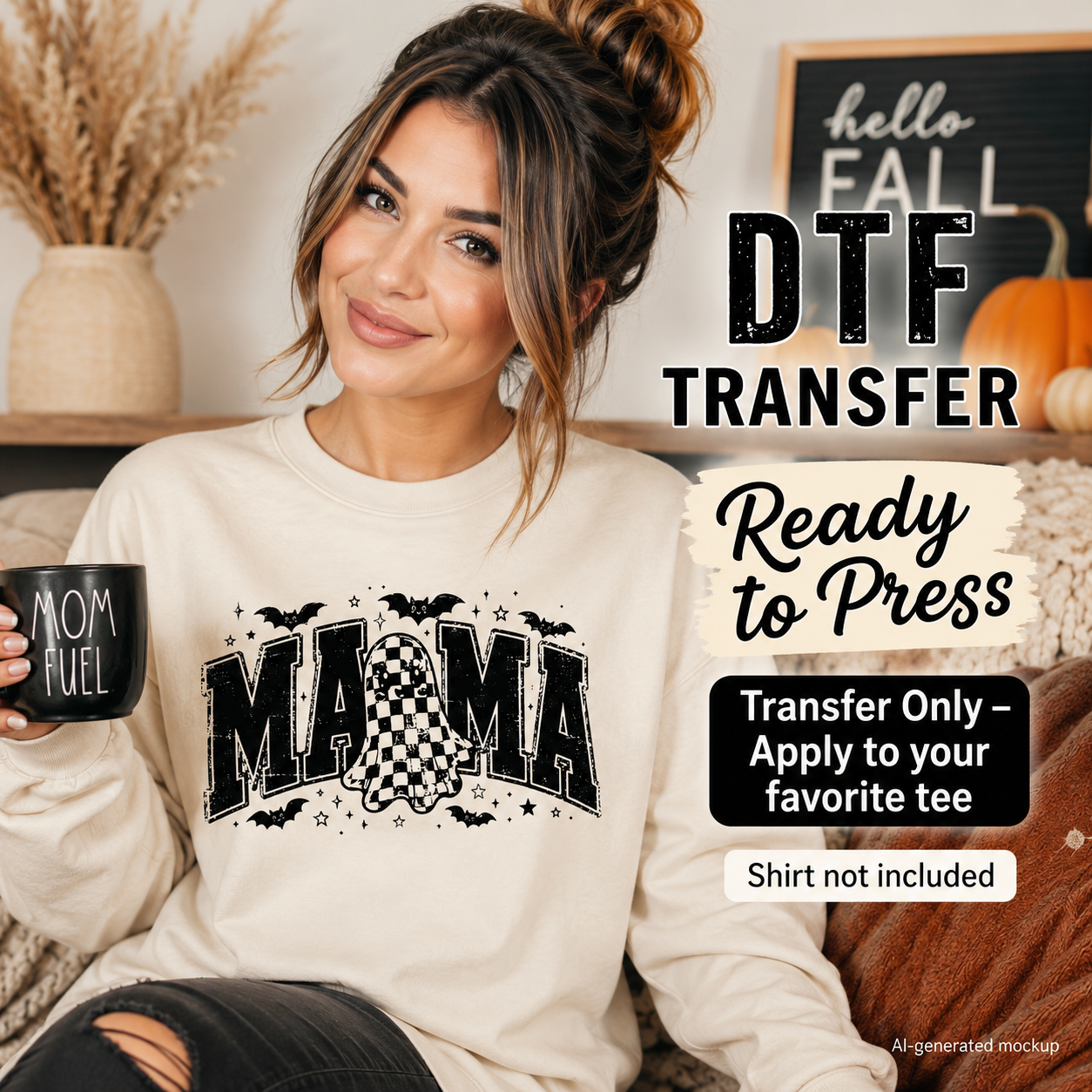 Mom wearing a Mama checkerboard ghost Halloween DTF transfer on a cream sweatshirt