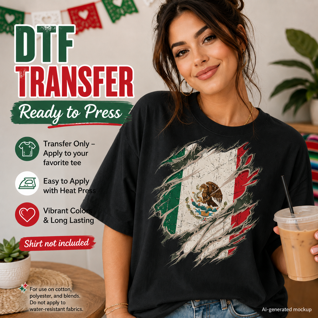 A woman wearing a black t-shirt with a Mexican flag-themed DTF transfer graphic, holding an iced coffee in a decorated indoor setting. Text overlays on the left describe the DTF transfer features.