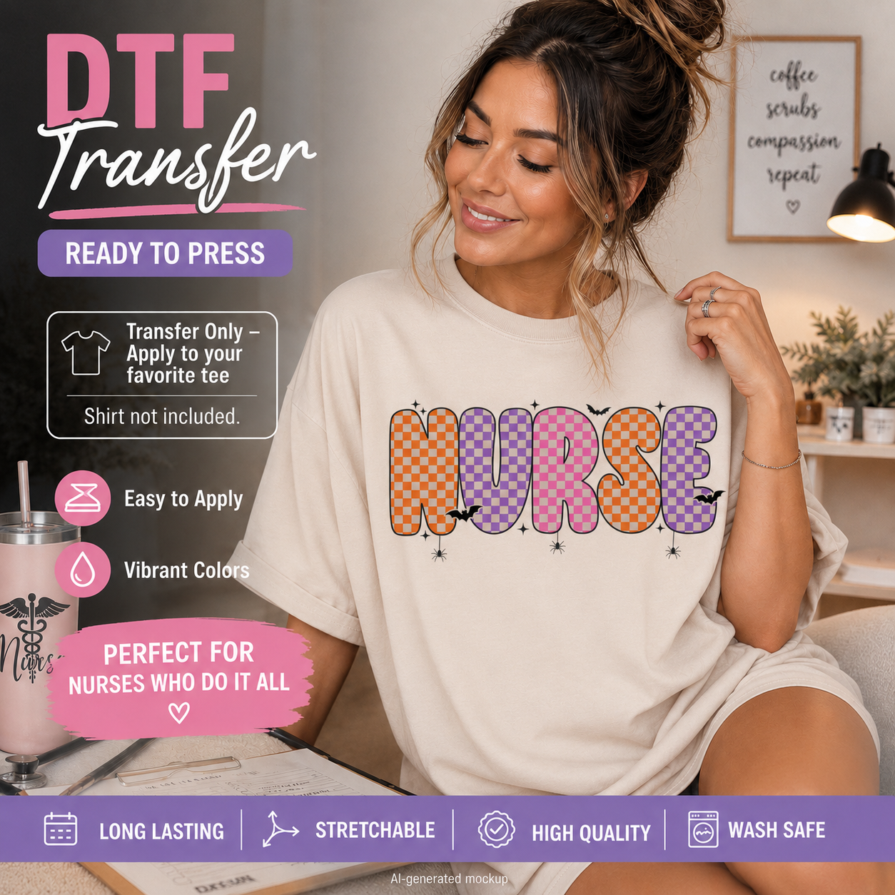 A woman wearing a light beige t-shirt with a colorful 'NURSE' DTF transfer graphic, sitting in a cozy room. The graphic features a checkered pattern in orange and purple.