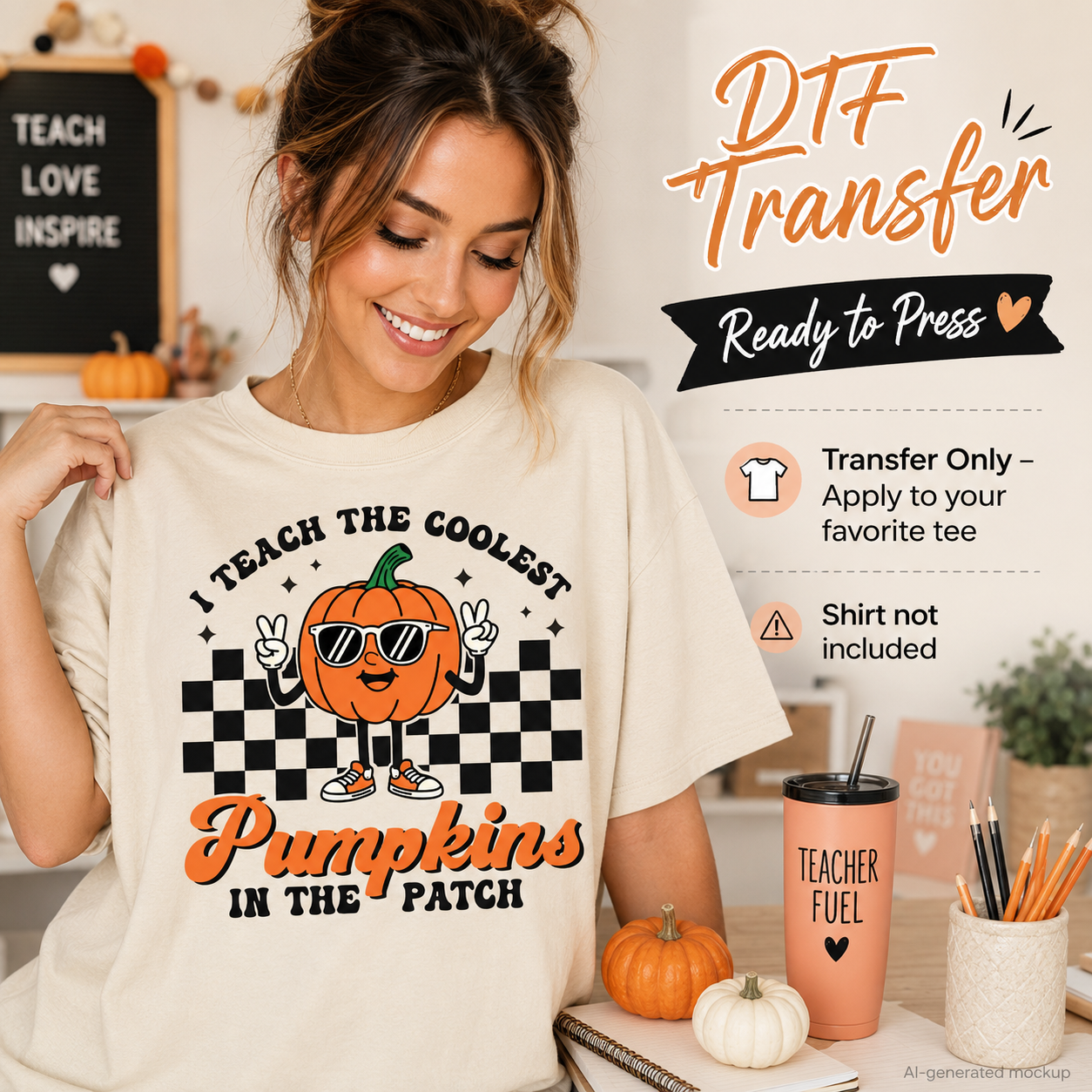 A woman wearing a cream-colored DTF transfer shirt with a pumpkin graphic and the text 'I TEACH THE COOLEST Pumpkins IN THE PATCH'. The image includes promotional text overlays for a 'DTF Transfer Ready to Press' service, along with a peach tumbler and small pumpkins on a desk.