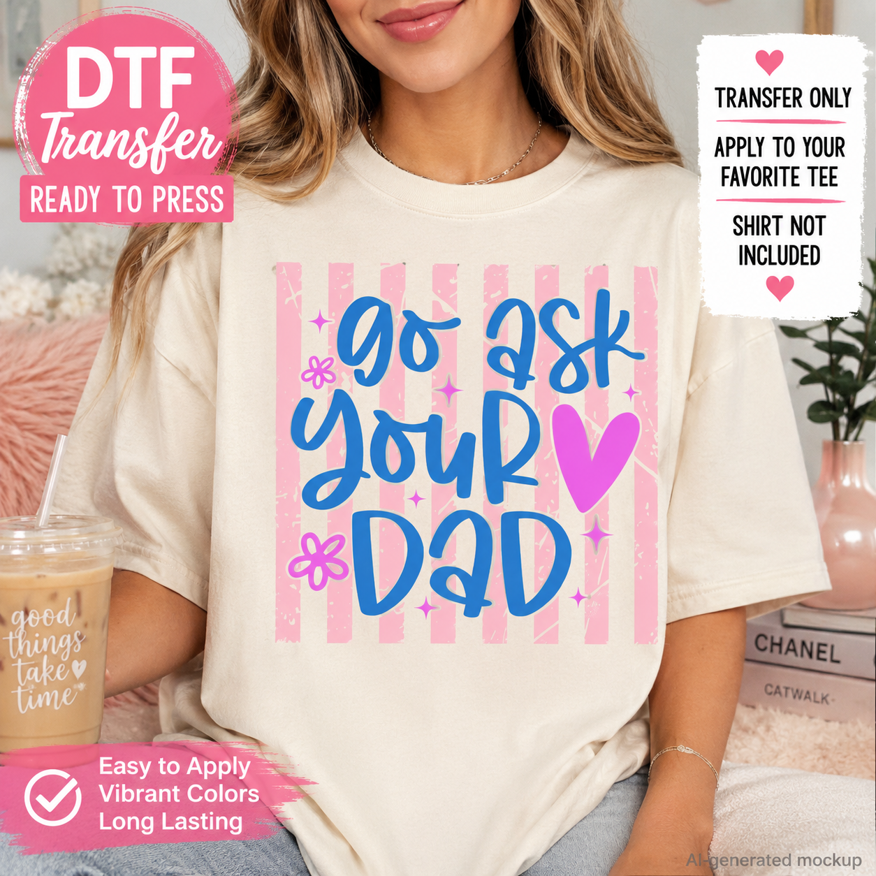 A woman wearing a cream-colored t-shirt with a graphic design that reads 'go ask your DAD' in blue and pink lettering over pink vertical stripes. The image includes promotional badges for a DTF transfer.