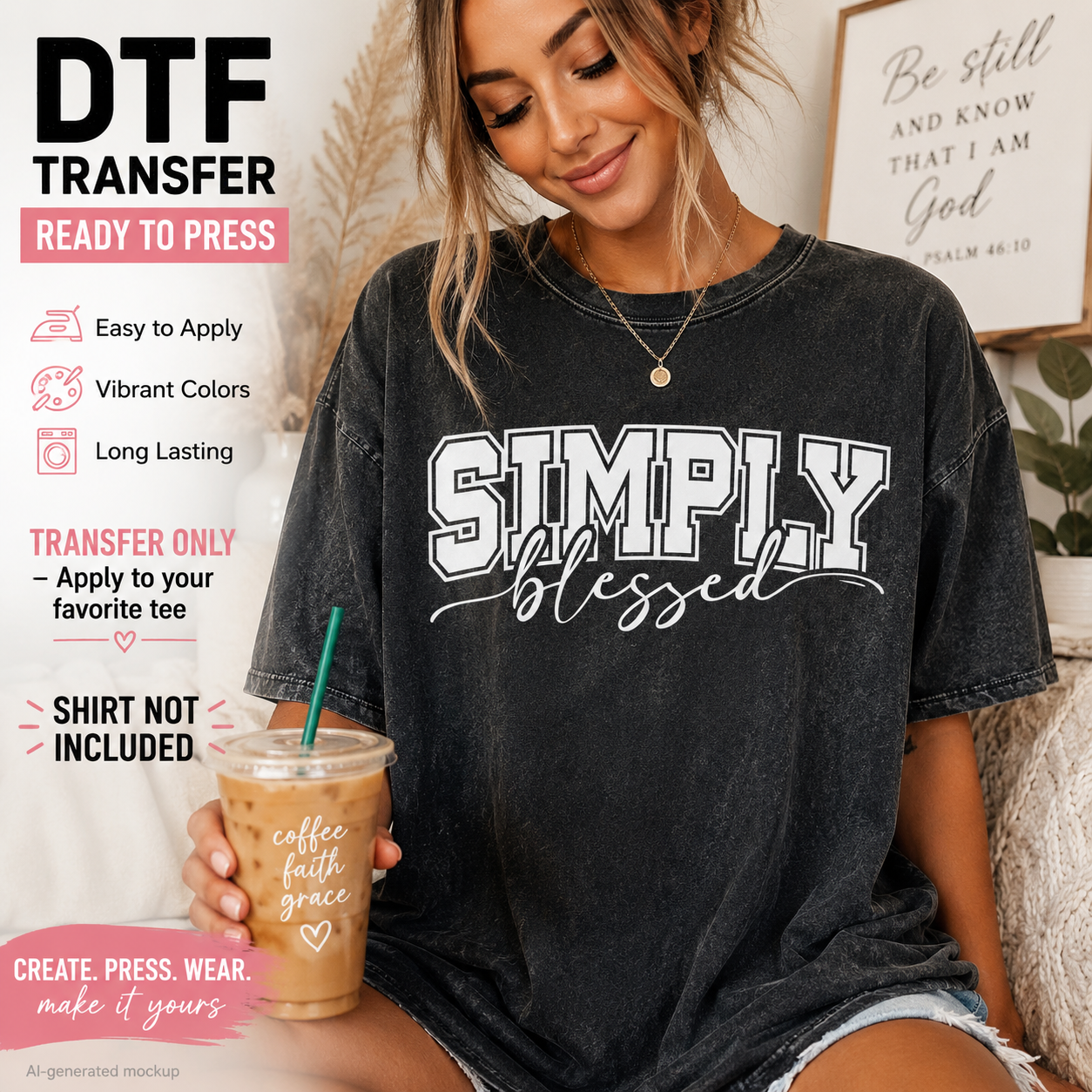 A woman wearing a faded black graphic t-shirt with 'SIMPLY blessed' printed in white on the front, holding an iced coffee. The image features promotional text overlays on the left side detailing product features for DTF (Direct to Film) transfers.
