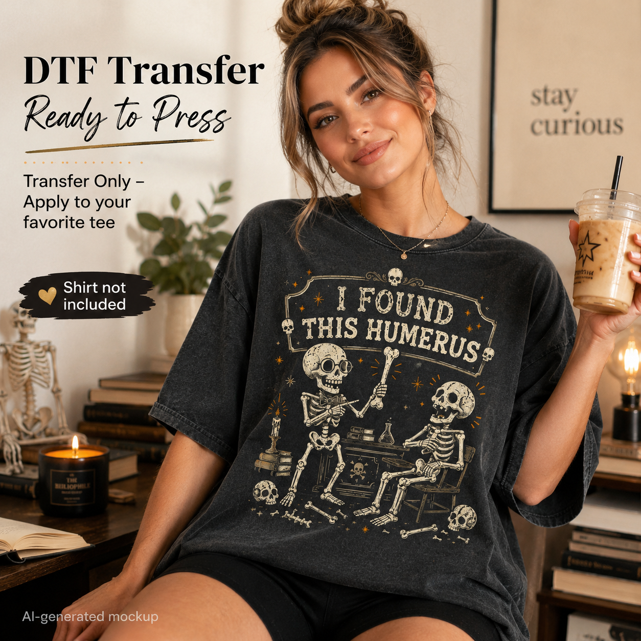 A woman models a black graphic t-shirt featuring a cream-colored skeleton illustration and the text 'I FOUND THIS HUMERUS'. She is holding an iced coffee in a cozy, book-filled room.
