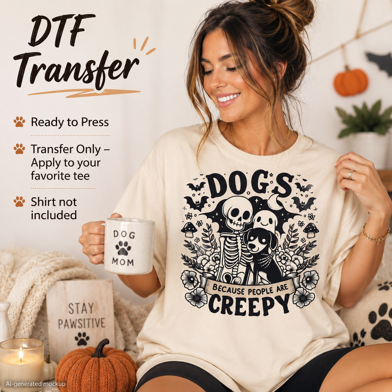 A woman wearing a cream-colored t-shirt with a black graphic print of a skeleton dog and a human child, with the text 'DOG'S BECAUSE PEOPLE ARE CREEPY'. She is holding a white mug with 'DOG MOM' printed on it.