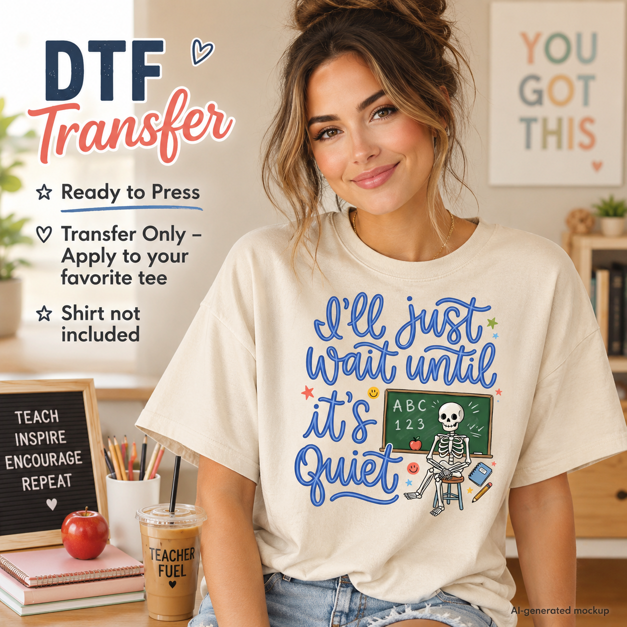 A woman wearing a cream-colored t-shirt with a colorful graphic that reads 'I'll just wait until it's quiet' with a cartoon skeleton and chalkboard. The image is a mockup with text overlays on the left detailing 'DTF Transfer' features, and a framed 'YOU GOT THIS' poster in the background.