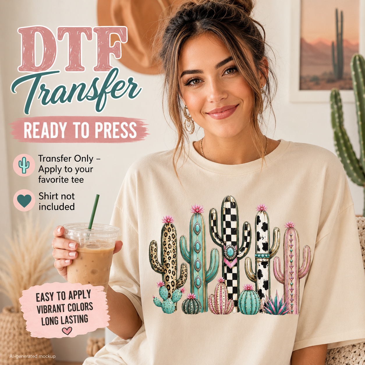 A woman wearing a cream-colored t-shirt with a colorful cactus graphic, holding an iced coffee in a cozy indoor setting. Text overlays on the left read 'DTF Transfer Ready to Press' and specify that the transfer is only applied to a favorite tee, not included in the shirt.
