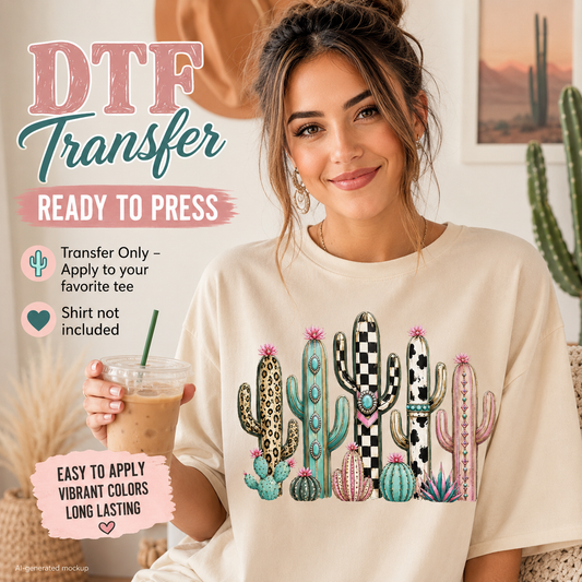 A woman wearing a cream-colored t-shirt with a colorful cactus graphic, holding an iced coffee in a cozy indoor setting. Text overlays on the left read 'DTF Transfer Ready to Press' and specify that the transfer is only applied to a favorite tee, not included in the shirt.