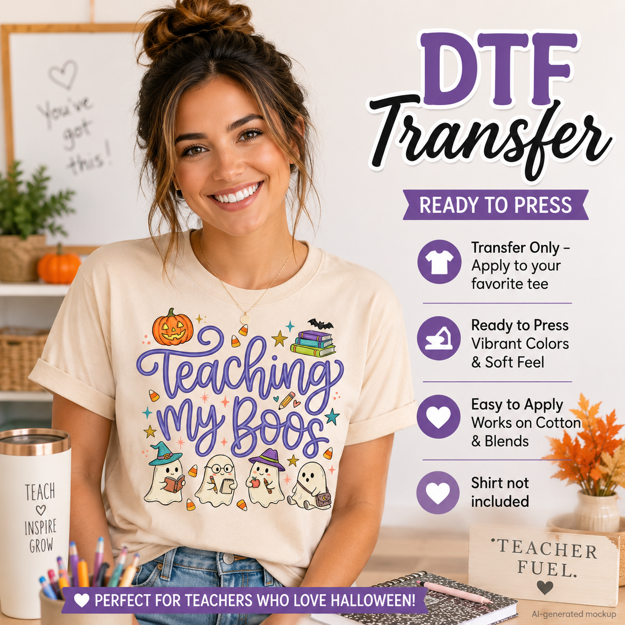 A woman wearing a cream-colored t-shirt with a 'Teaching My Boos' Halloween graphic, standing in a classroom-like setting with promotional text overlays on the right.