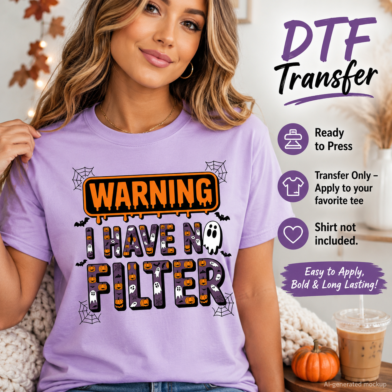 A woman wearing a light purple t-shirt with a Halloween-themed graphic that reads 'WARNING I HAVE NO FILTER' in orange, black, and white. The image includes promotional text overlays on the right detailing product features like 'Ready to Press' and 'Transfer Only - Apply to your favorite tee'.