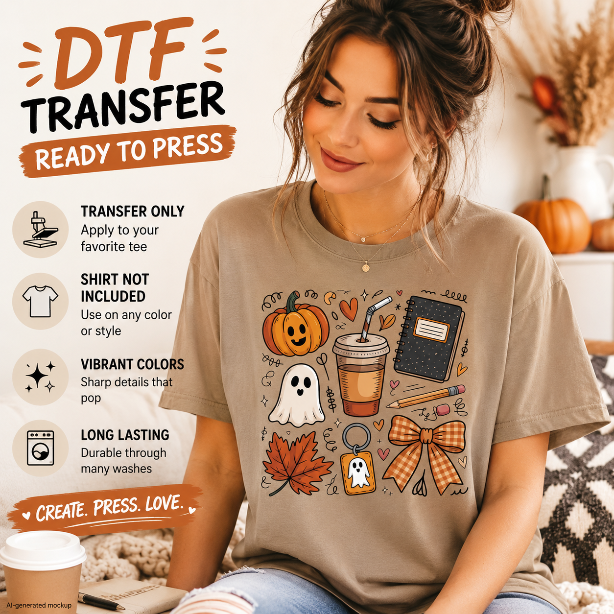 A woman wearing a taupe t-shirt with a colorful DTF transfer graphic of a pumpkin, ghost, coffee cup, notebook, and autumn icons. The image includes promotional text for 'DTF TRANSFER READY TO PRESS' on a warm, cozy background.