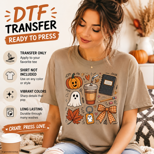 A woman wearing a taupe t-shirt with a colorful DTF transfer graphic of a pumpkin, ghost, coffee cup, notebook, and autumn icons. The image includes promotional text for 'DTF TRANSFER READY TO PRESS' on a warm, cozy background.