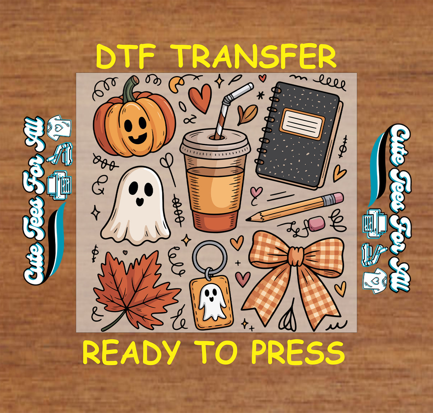 Cute fall teacher DTF transfer with pumpkin ghost iced coffee pencil leaf and gingham bow