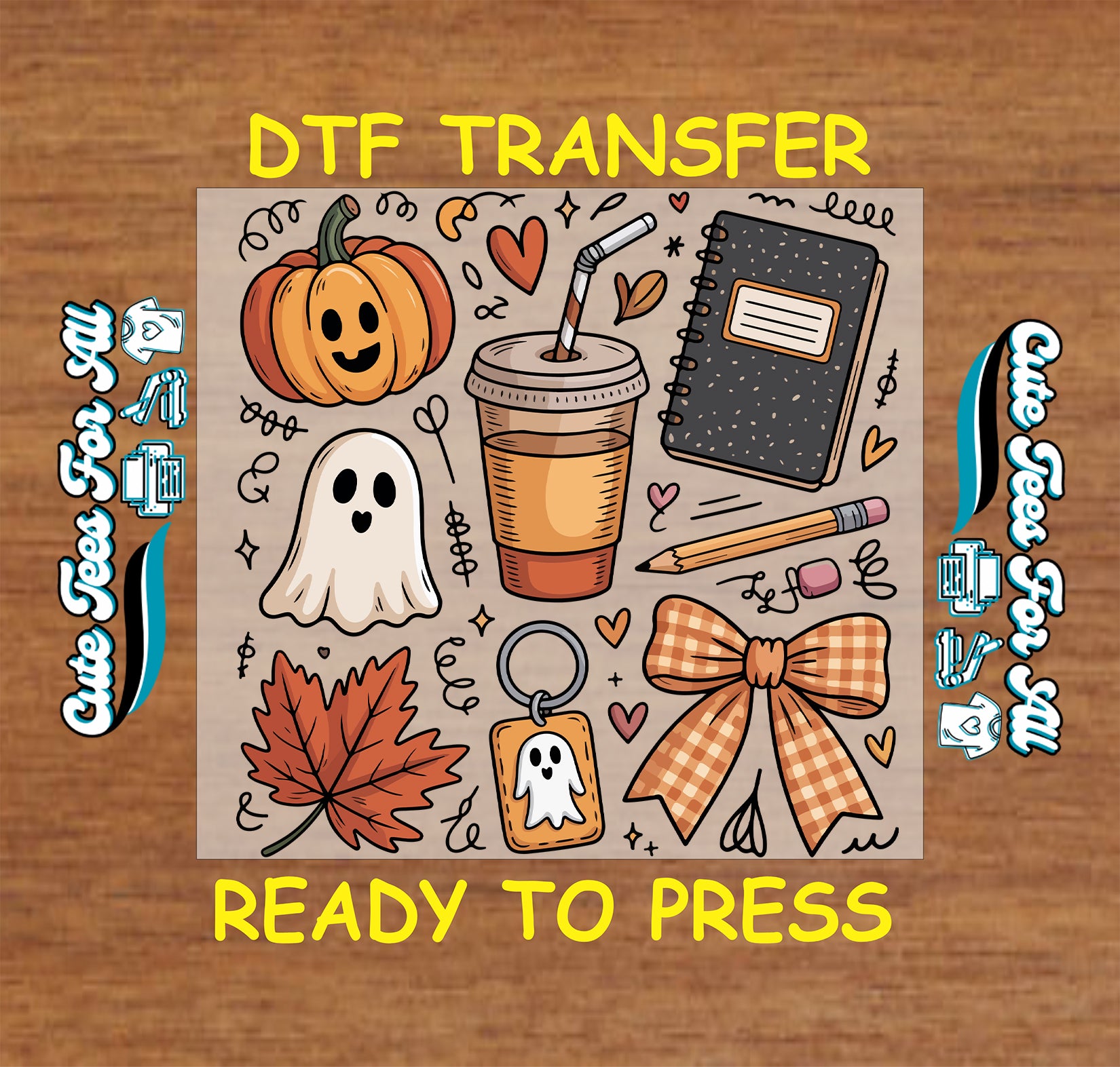 Cute fall teacher DTF transfer with pumpkin ghost iced coffee pencil leaf and gingham bow