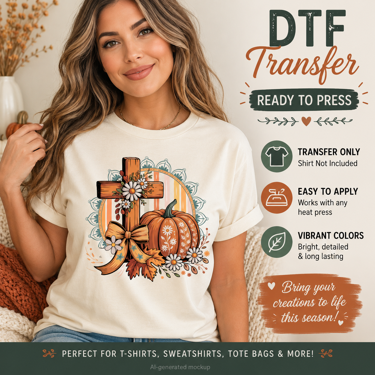 A woman wearing a cream-colored t-shirt with a DTF (Direct to Film) graphic design of a wooden cross, pumpkins, and autumn leaves. The image is a promotional mockup for a 'Ready to Press' DTF transfer, featuring text callouts on the right and a green banner at the bottom.