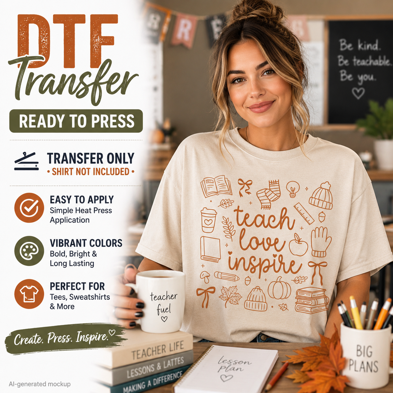 A woman in a classroom setting wearing a cream-colored t-shirt with a brown graphic print that reads 'teach love inspire' surrounded by autumn and school-themed illustrations. The image features promotional text overlays on the left detailing product features like 'DTF Transfer Ready to Press'.