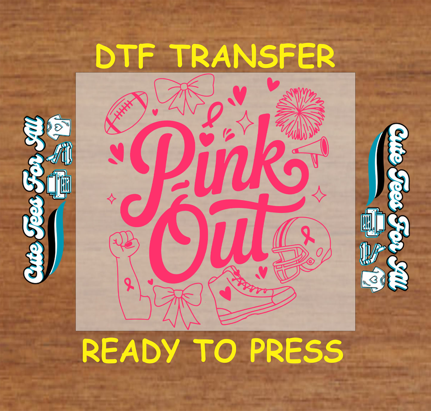 Pink Out football DTF transfer with breast cancer ribbon pom pom helmet bows and sporty game day icon