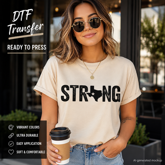 Texas Strong black distressed Texas silhouette ready to press DTF transfer