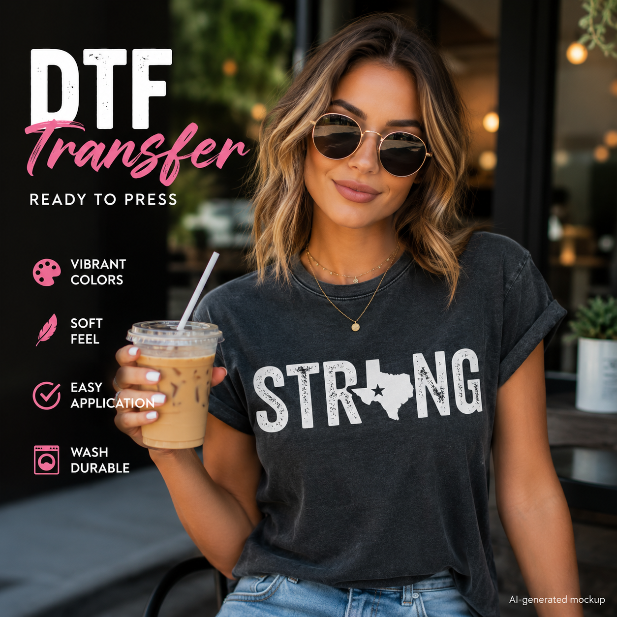 Texas Strong distressed lettering with Texas silhouette ready to press DTF transfer