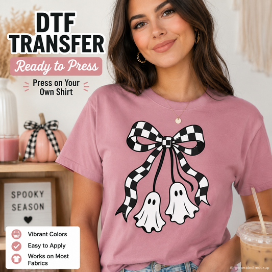 A woman wearing a dusty pink t-shirt with a 'Ready to Press' DTF (Direct to Film) graphic of a black and white checkered bow and two white ghosts. The image includes promotional text overlays explaining that the transfer is ready to press and works on most fabrics.