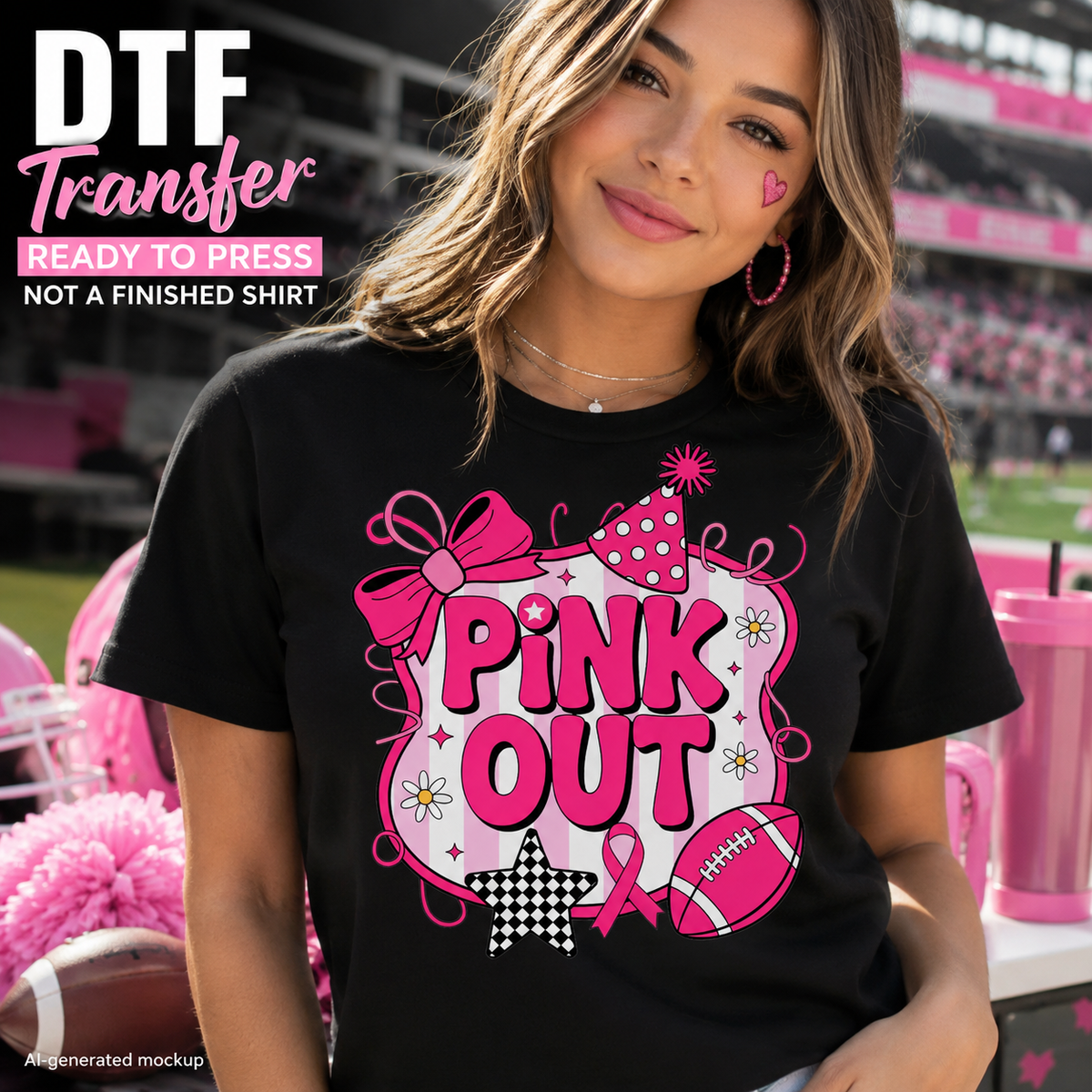 Pink Out football design with breast cancer ribbon and bow ready to press DTF transfer