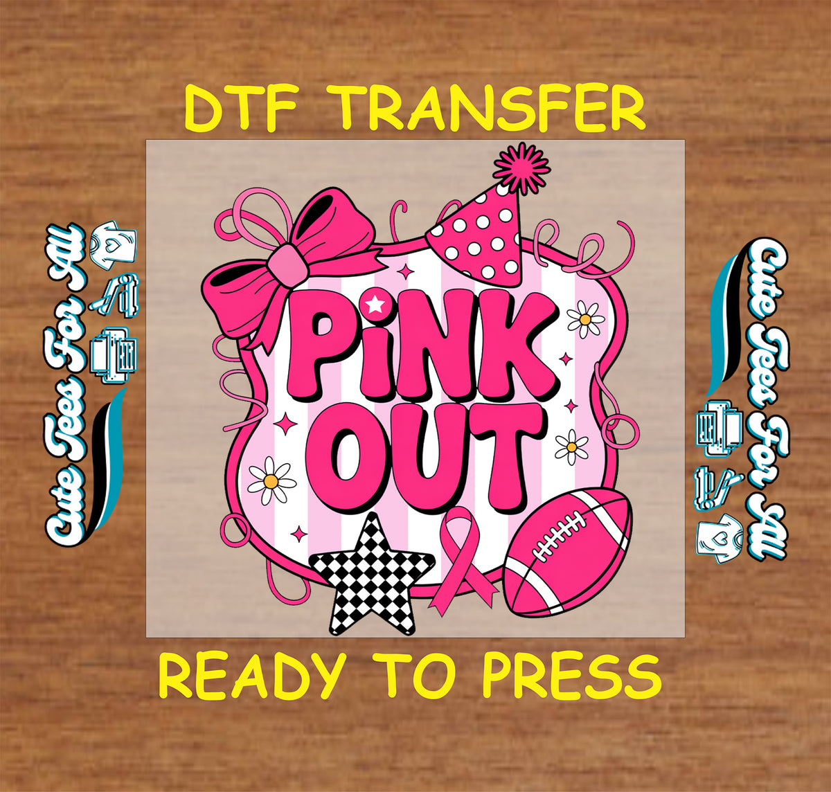 Pink Out football design with breast cancer ribbon and bow ready to press DTF transfer