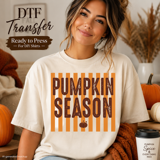 Pumpkin Season distressed brown lettering with orange stripes ready to press fall DTF transfer