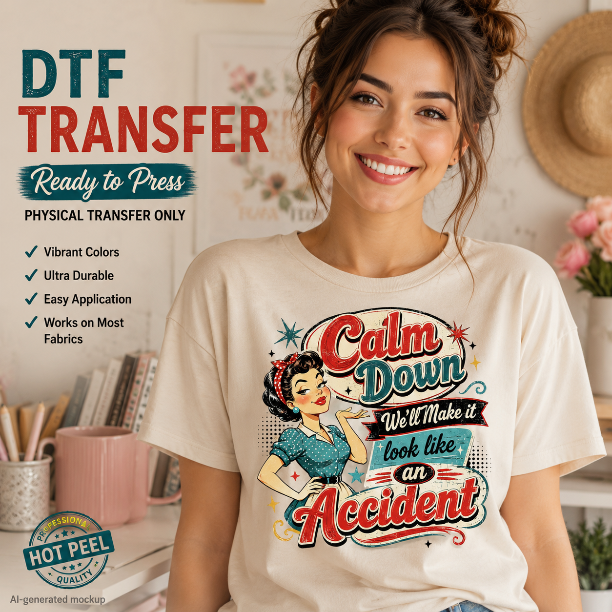 Retro pin-up Calm Down We’ll Make It Look Like an Accident ready to press DTF transfer