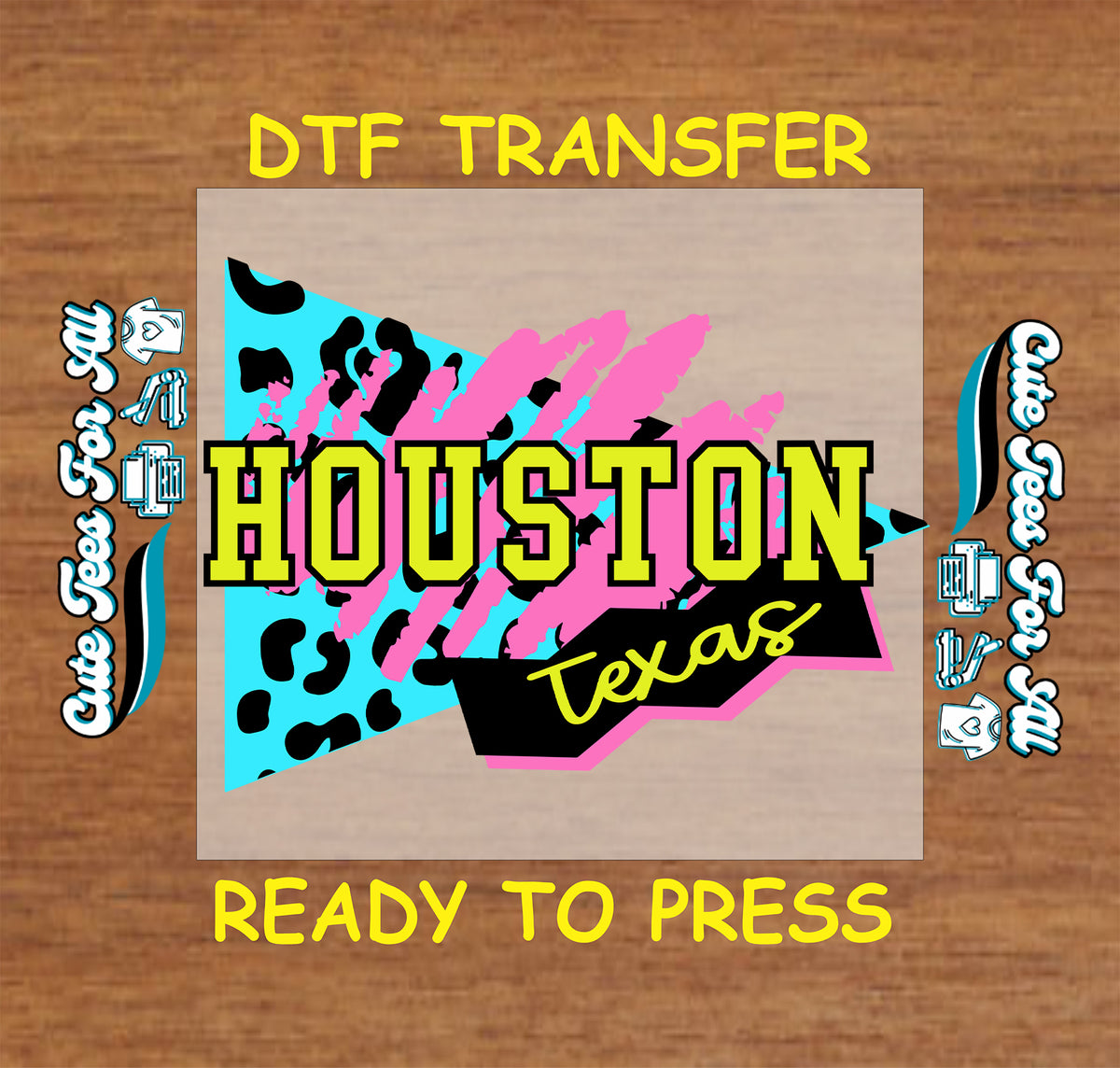 Colorful retro Houston Texas design with pink teal and animal print ready to press DTF transfer