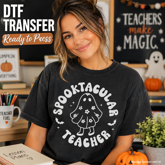 A woman wearing a black graphic T-shirt with a white 'SPOOKTACULAR TEACHER' ghost design, posed in a classroom-like setting with autumn decorations and text overlays reading 'DTF TRANSFER Ready to Press'.