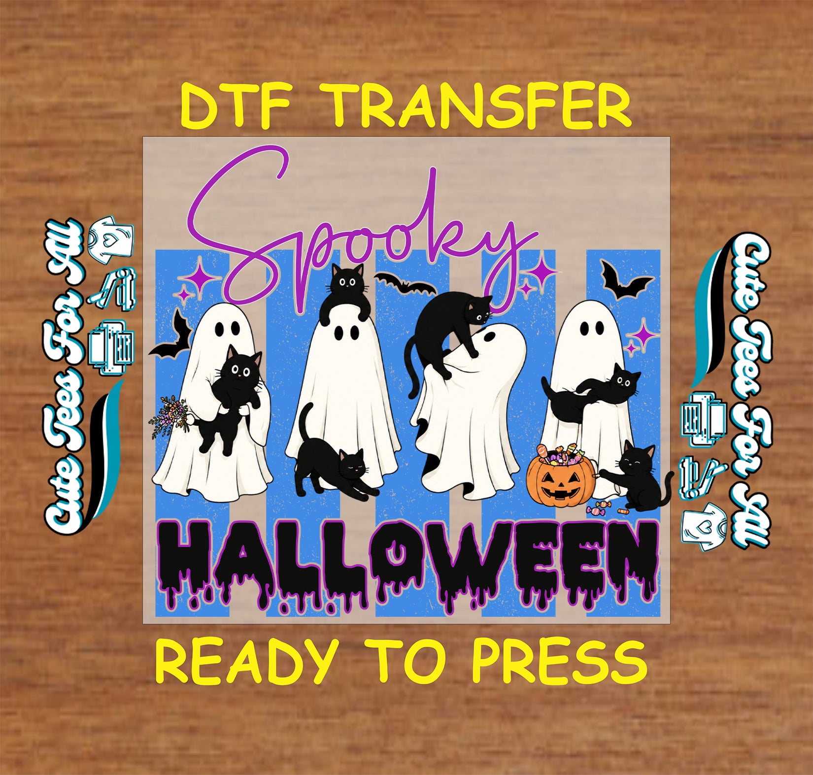 Halloween-themed DTF transfer design featuring four white ghosts, black cats, bats, a jack-o'-lantern, and purple text reading 'Spooky HALLOWEEN' on a blue striped background, shown on a wood surface with 'DTF TRANSFER' and 'READY TO PRESS' text.