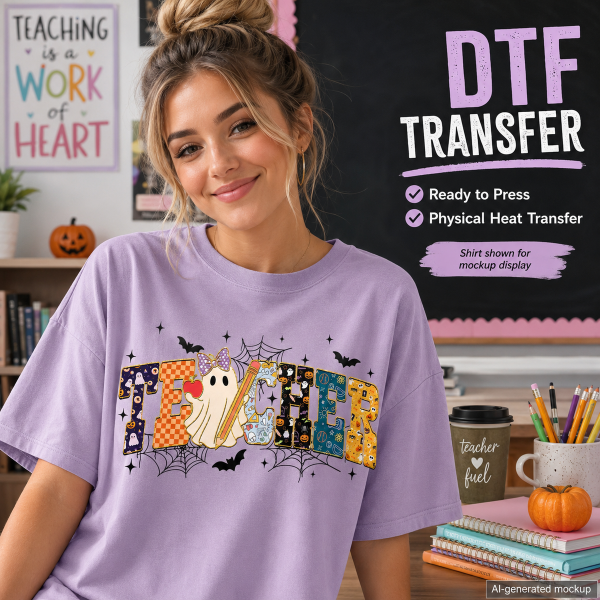Halloween Teacher DTF transfer shown on lavender T-shirt classroom lifestyle mockup
