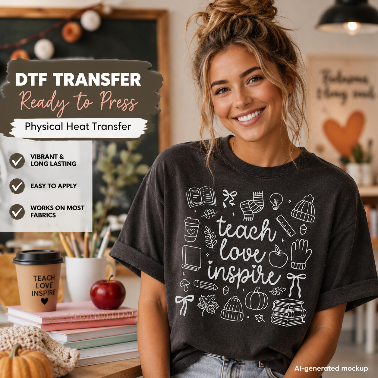 A smiling woman in a cafe setting wearing a dark charcoal t-shirt with a white graphic print that reads 'teacher love inspire' surrounded by school and autumn-themed icons. The image features promotional text overlays on the left detailing 'DTF TRANSFER Ready to Press'.