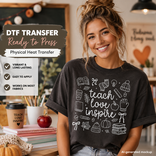 A smiling woman in a cafe setting wearing a dark charcoal t-shirt with a white graphic print that reads 'teacher love inspire' surrounded by school and autumn-themed icons. The image features promotional text overlays on the left detailing 'DTF TRANSFER Ready to Press'.
