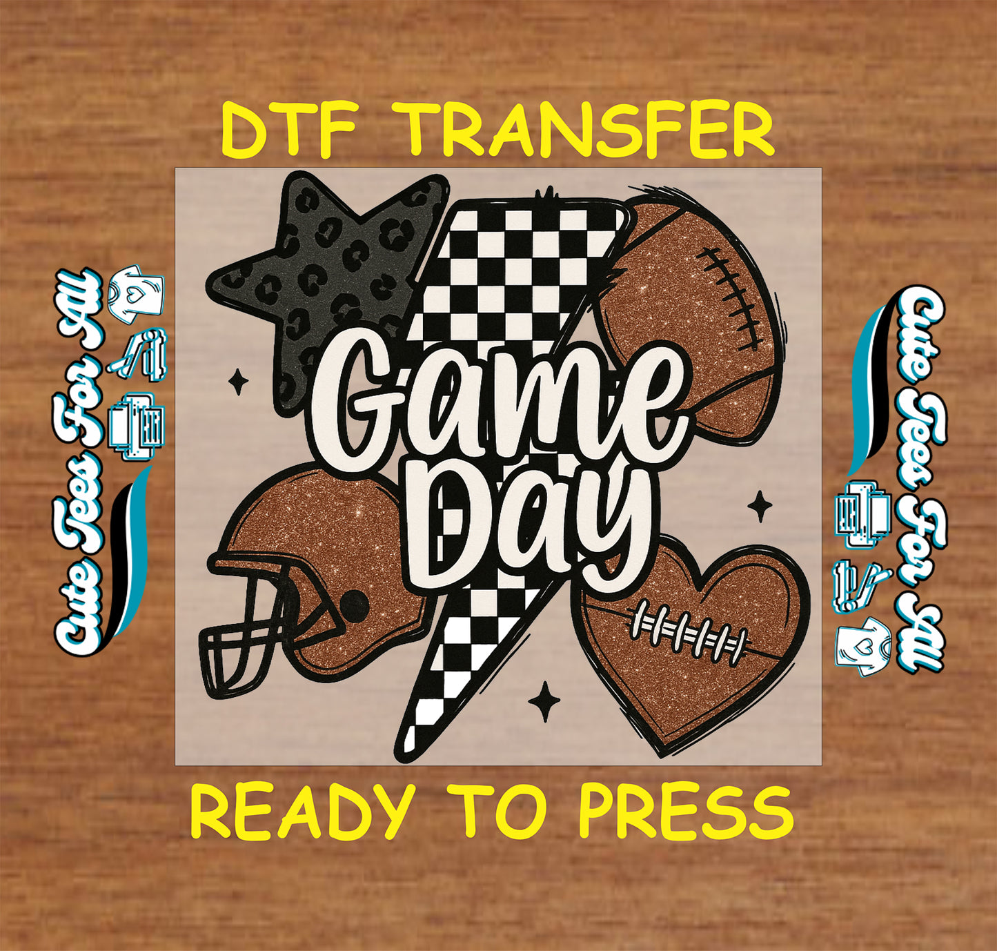 Game Day football design with helmet checkerboard bolt heart and leopard star DTF transfer