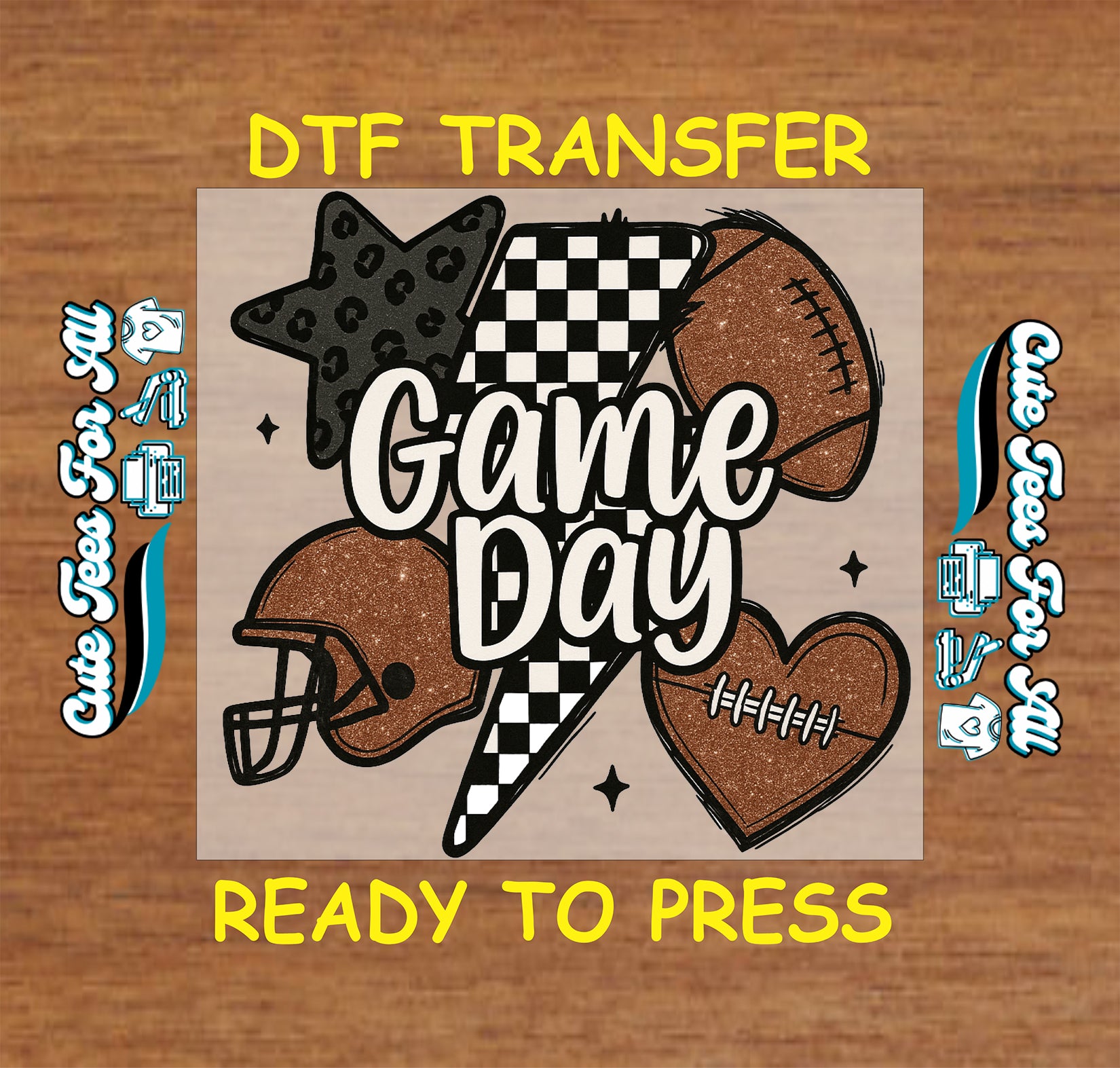 Game Day football design with helmet checkerboard bolt heart and leopard star DTF transfer