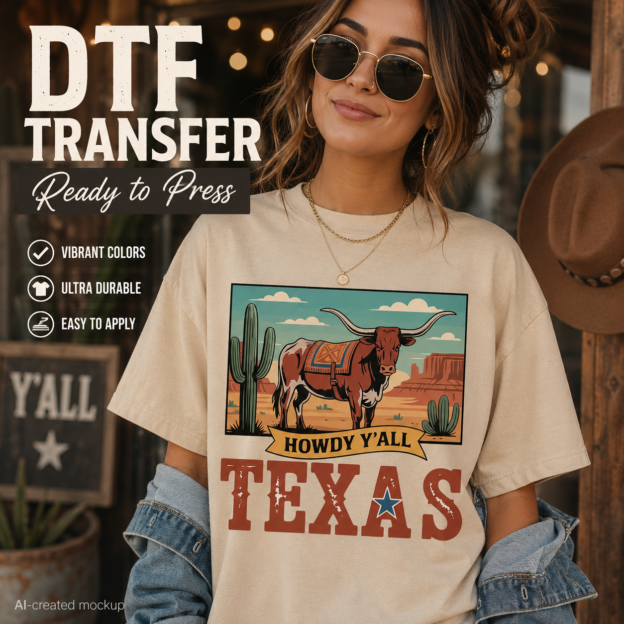 A woman wearing round sunglasses and a denim shirt over a cream graphic T-shirt with a western-style longhorn illustration and the words 'HOWDY Y'all TEXAS.' Large text on the left reads 'DTF TRANSFER Ready to Press' with feature icons.